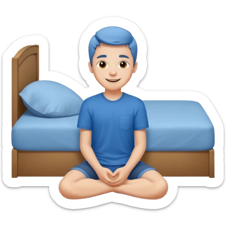 emoji- of a smiley boy sitting on the bed with legs on the floor sticker