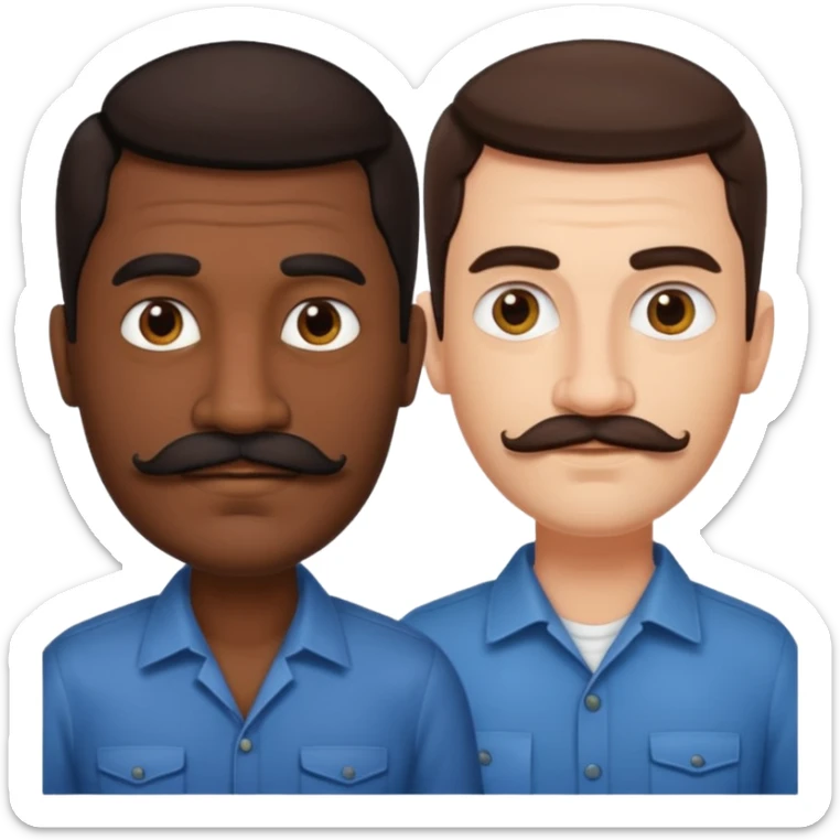Gay couple. Tall dark indian man with mustache and shorter white man with dark brown hair and no mustache. sticker