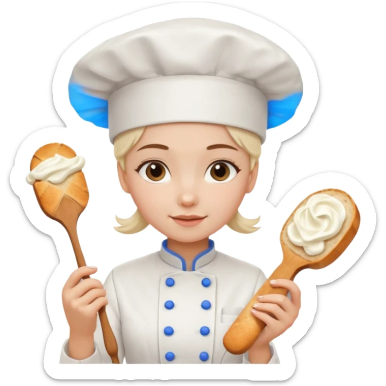 Young female baker - white chef hat, holding cream piping bag to milk oil on bread sticker