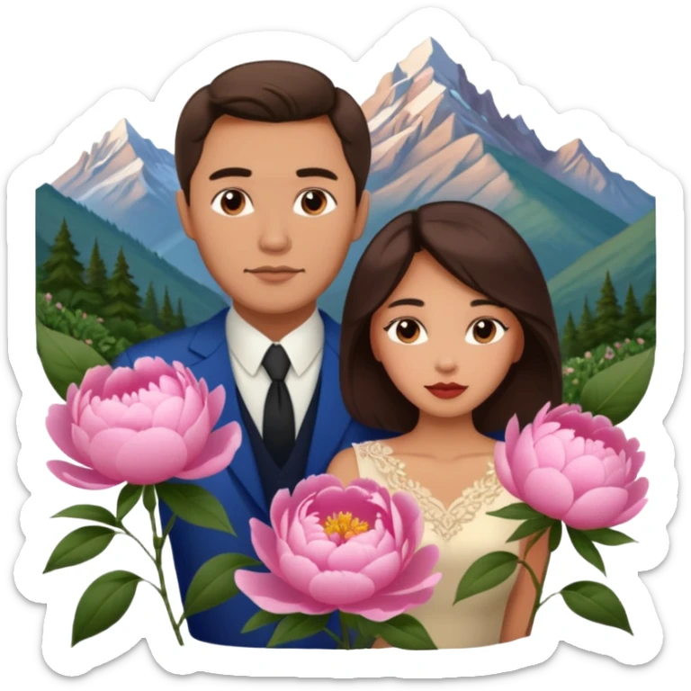 Couple traveling in Montenegro russian man and elegant  Latina girl delicate peonies and mountains in the background  sticker