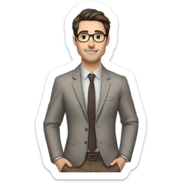 Pale skinned fit man with dark brown hair in gray jacket, beige office shirt, brown tie, brown pants and vintage glasses Writing text on the flipchart sticker