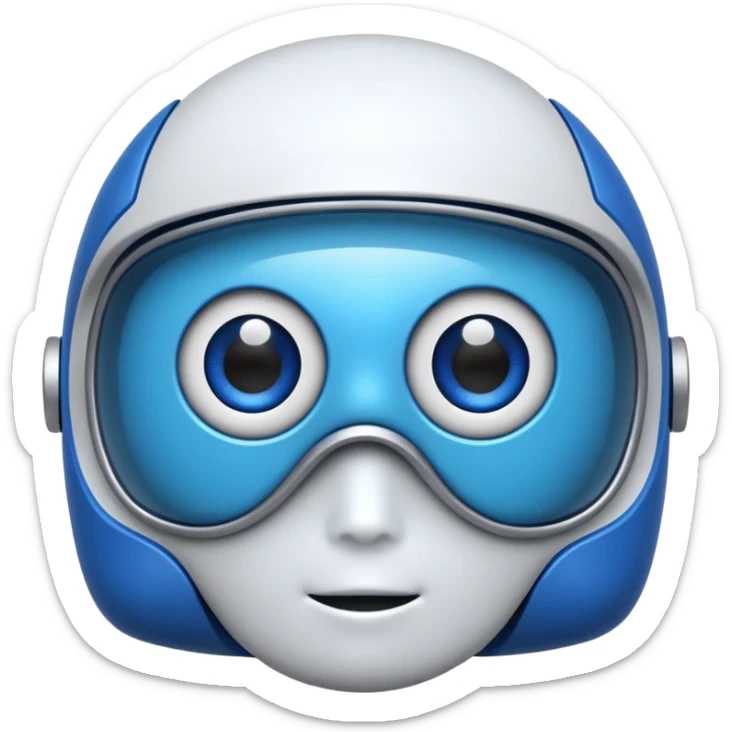 “Um robô branco e azul, com olhos digitais grandes, jeito atrapalhado e aparência muito fofa.” sticker