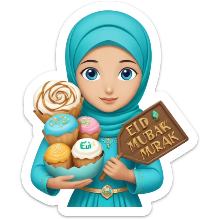 Turkish beautiful finish Konya girl blue eyes with turkis hijab islamic dress and had on her hand text Eid Mubarak with sweets and celebrating with her friends eid days   sticker
