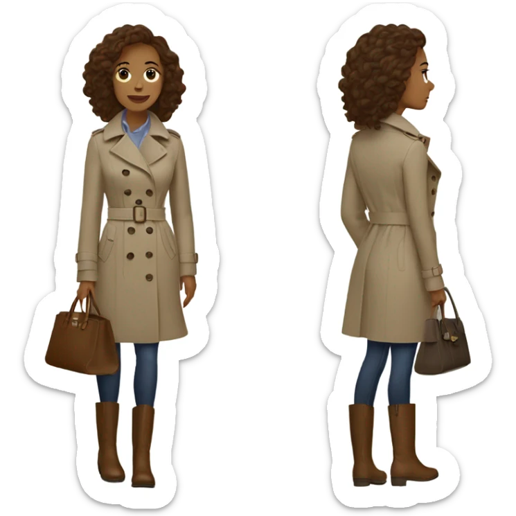 Woman with brown wavy hair and a trench coat with brown boots and a longchamp tote bag sticker