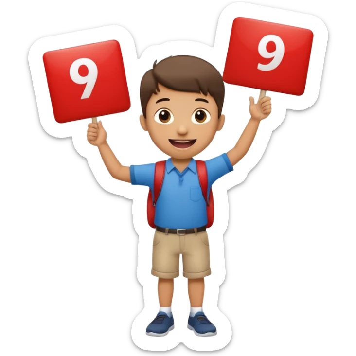A school that has the number 9 on top of it's eyes holding a sign with the number 9 on the sign with a mouth sticking out his tongue with legs and arms with him being happy full of joy sticker