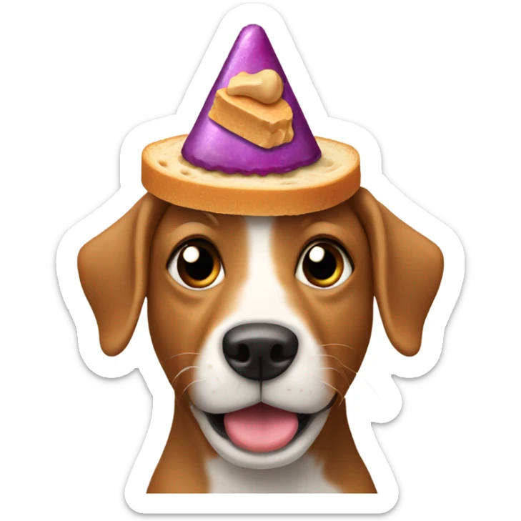 Dog in a birthday hat eating a peanut butter and jelly sandwich sticker