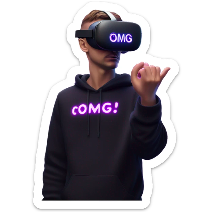 Russian man wearing a black hoodie with "OMG" letters on it and VR headset oculus quest 2 in a cyberpunk VR environment with violet neon lighting. Showing direction with hand sticker