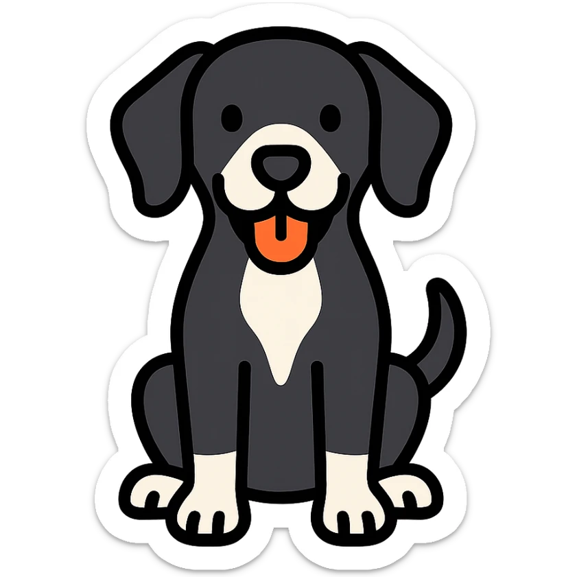 shorthaired black hound dog with white on chest, nose, and paws, full body, happy expression sticker