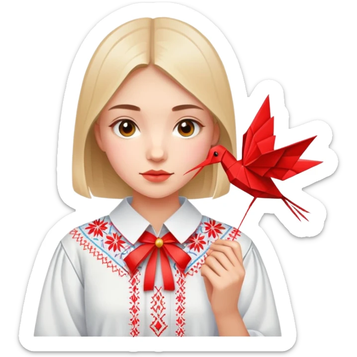 Ukrainian young girl in traditional embroidered vyshyvanka shirt holding a red origami paper crane sticker