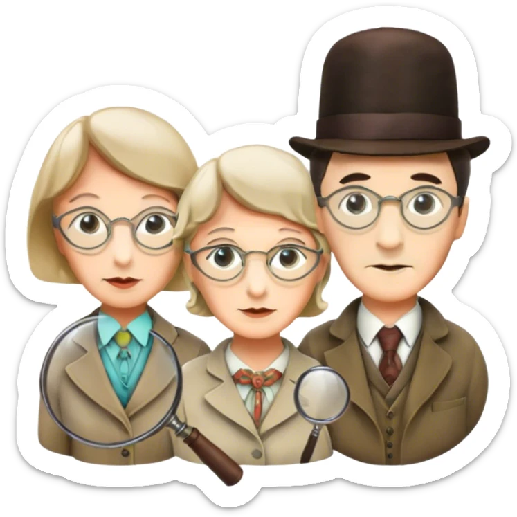Icon for Detective Movies: A colorful collage with Sherlock Holmes, Miss Marple, and Pinkerton. Include magnifying glasses, clues, and detective tools. The design should evoke mystery and intrigue, with a classic detective movie feel. Transparent background. sticker