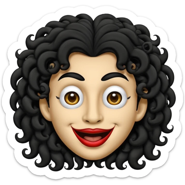 generate mask emoji with a big curly black hair 

black coloured  smiling lips and no teeth, long and pointy white nose with no nostrils, pitch black eyes with no pupils, no brows sticker
