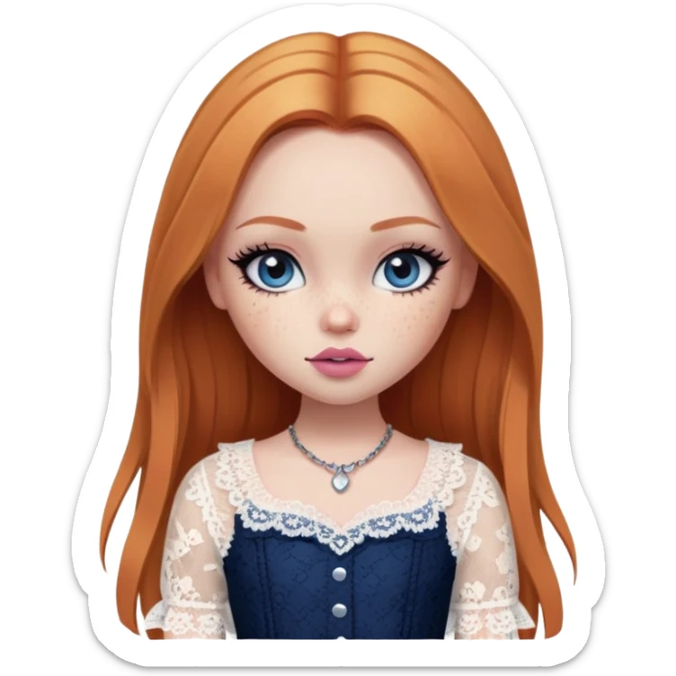 pretty bratz girl, ginger straight hair, freckles, dark blue eyes, pink lips, black eyeliner, pale skin, cute lace girly clothes sticker