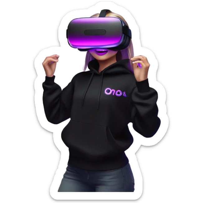 Russian girl wearing black hoody with violet letters "OMG", in vr headset oculus quest2. Dancing. Cyberpunk style. Violet neon. sticker