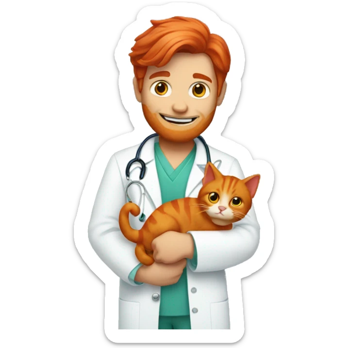 A doctor with red hair holds a red cat in his arms sticker