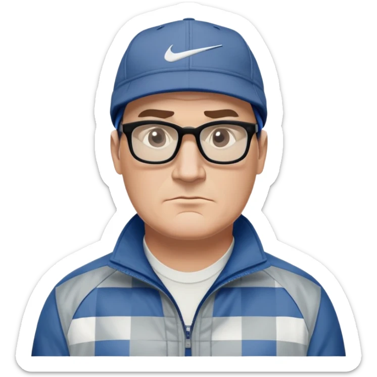 50-year-old heavyset man with very wide face and prominent square jawline. Short straight hair combed to the side, not balding, wearing a black Nike cap. Large dark square glasses. Serious-relaxed expression. Light gray jacket that fits his larger frame, white shirt with blue checkered pattern. sticker