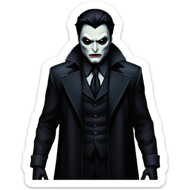 Icon for Thriller Movies: A large, dramatic collage featuring sinister villains in dark clothing. The background shows the gloomy cityscape of Gotham, with dim lighting and eerie shadows. The atmosphere should be tense, mysterious, and suspenseful. Transparent background. sticker