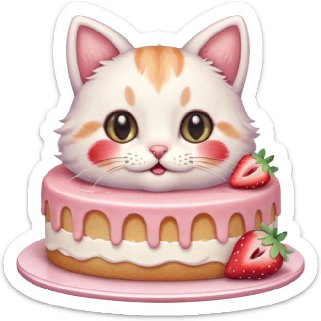 A cute cat happily eating a slice of strawberry cake, pastel color palette, soft shading, big sparkling eyes, kawaii style, highly detailed digital illustration, cozy atmosphere
, sticker