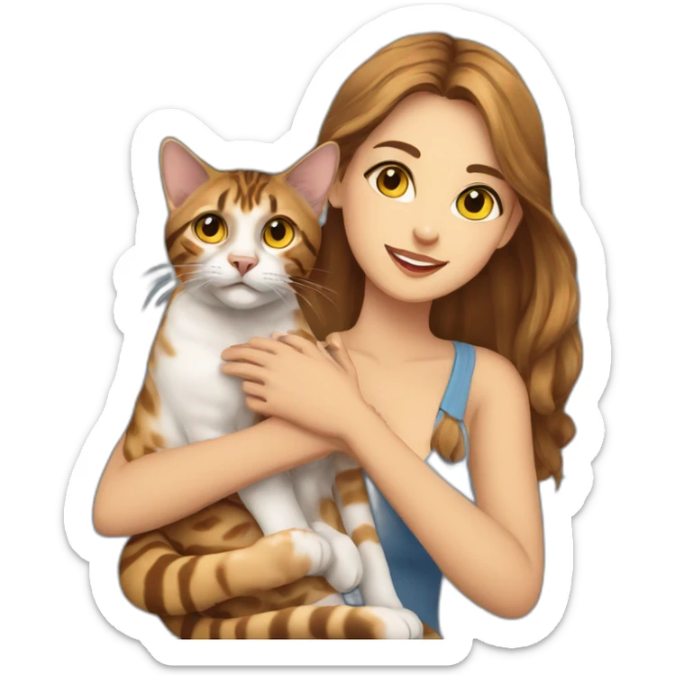 a beautiful girl with blue eyes and brown hair is holding a Bengal cat with yellow eyes in her arms sticker