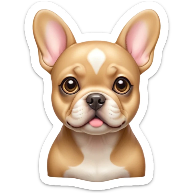 Cinematic Cute Fawn French Bulldog Portrait Emoji, Head tilted playfully and inquisitively, featuring a glossy fawn coat with a smooth texture, round, sparkling dark eyes filled with curiosity, Simplified yet irresistibly adorable features, highly detailed, glowing with a warm, friendly glow, high shine, affectionate and lively, stylized with a touch of whimsy, bright and endearing, soft glowing outline, capturing the essence of a mischievous yet loving companion, so playful it feels like it could prance out of the screen and into your arms! sticker