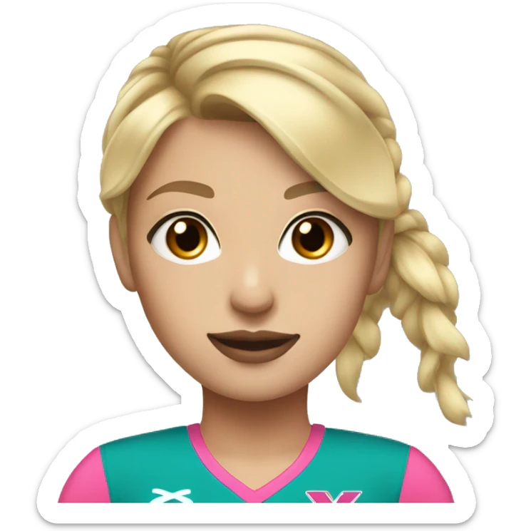 Blonde cheerleader with teal and orange uniform, brown eyes, white skin, pink lips, ponytail  sticker