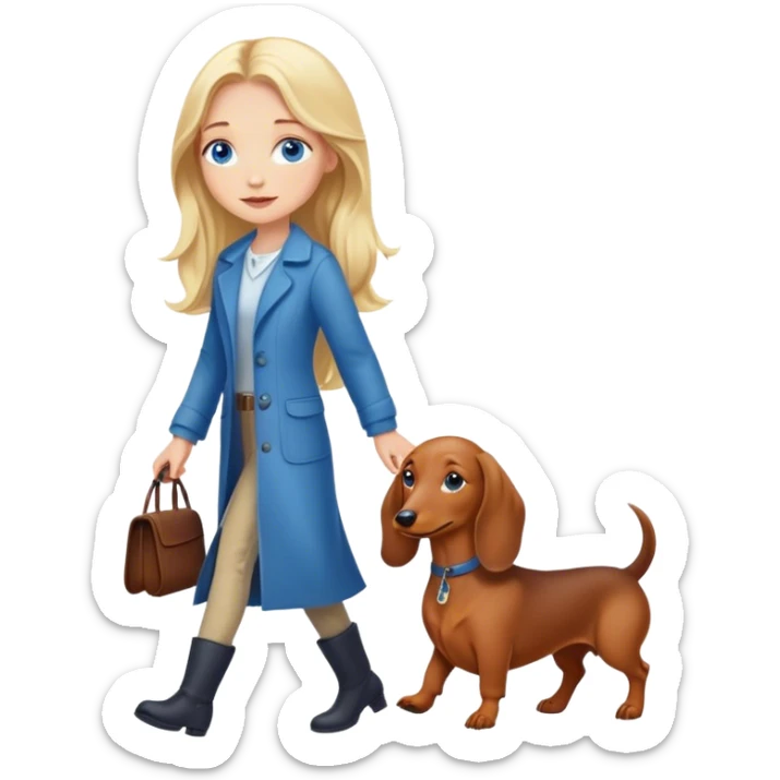 blonde girl with long hair and blue eyes walking with a dachshund sticker
