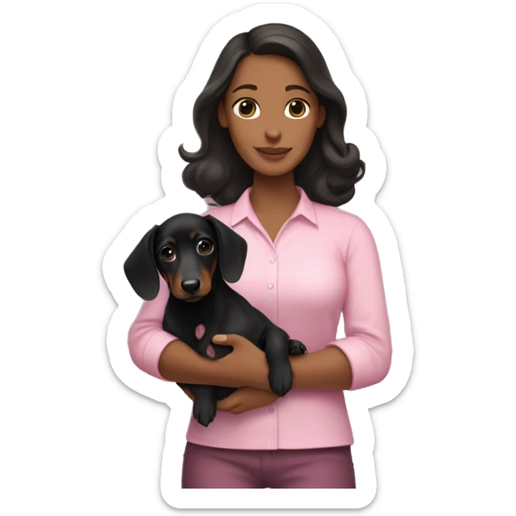 a brunette woman in a pink shirt, with white skin, holding black dachshund puppy in her arms lovingly sticker