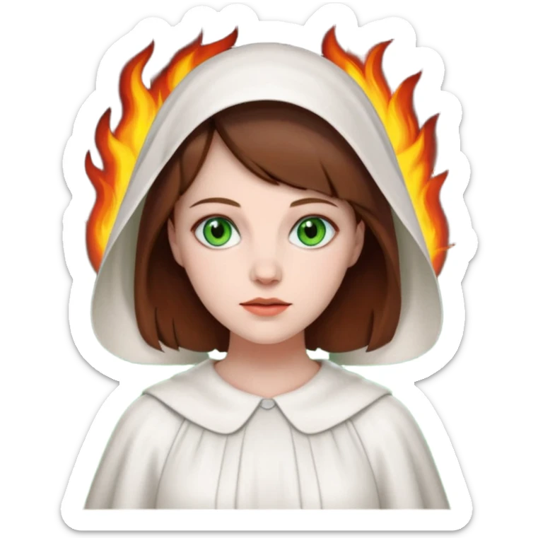 Handmaid woman with brown hair and green eyes. Only head. Background fire sticker