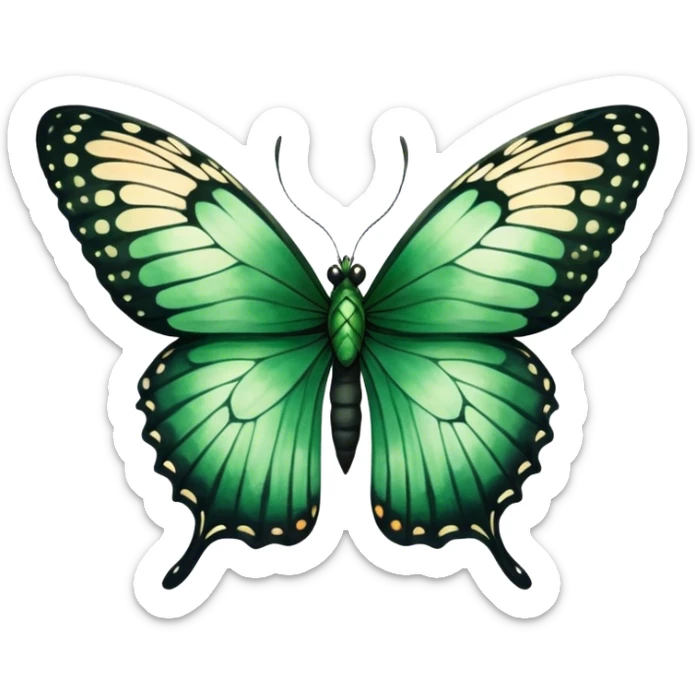 A majestic emerald-green butterfly with wide, intricately detailed wings, painted in a soft watercolor style. The edges of the wings fade into deep black, creating a striking contrast against a warm beige background.
 sticker
