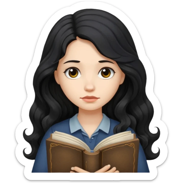 Long Hair Women with Book, Black wavy hair, sad

 sticker