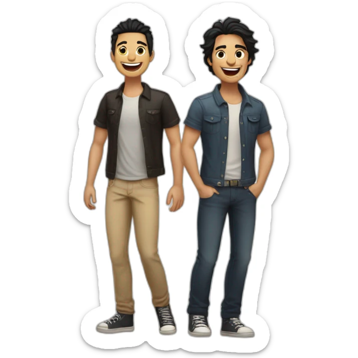 Gay couple, 1 guy Latino black hair and 1 Australian guy blonde hair with a cat in the middle laughing full body sticker