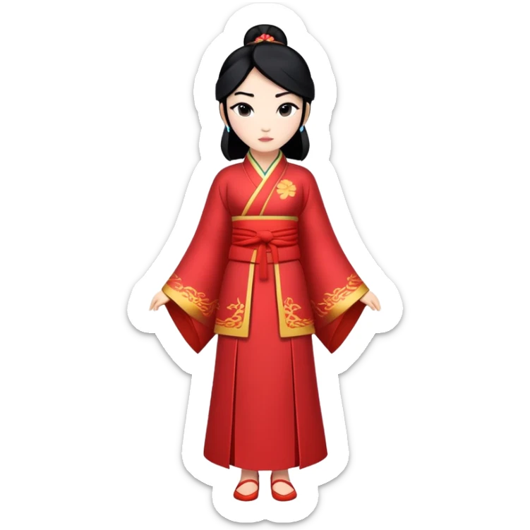 full body Mulan with traditional Chinese outfit, black hair, minimal style sticker