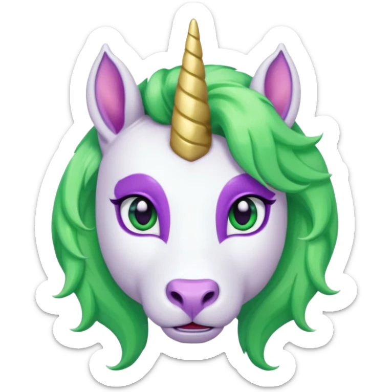 white furred unicorn with green hair and big purple earrings looking into camera and big horn and big earrings sticker