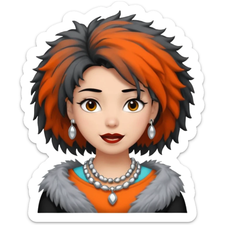Female with very big Silver Necklace, grey skin,Black full fuzzy hair, more bright silver,highlight necklace, different expressions. sticker