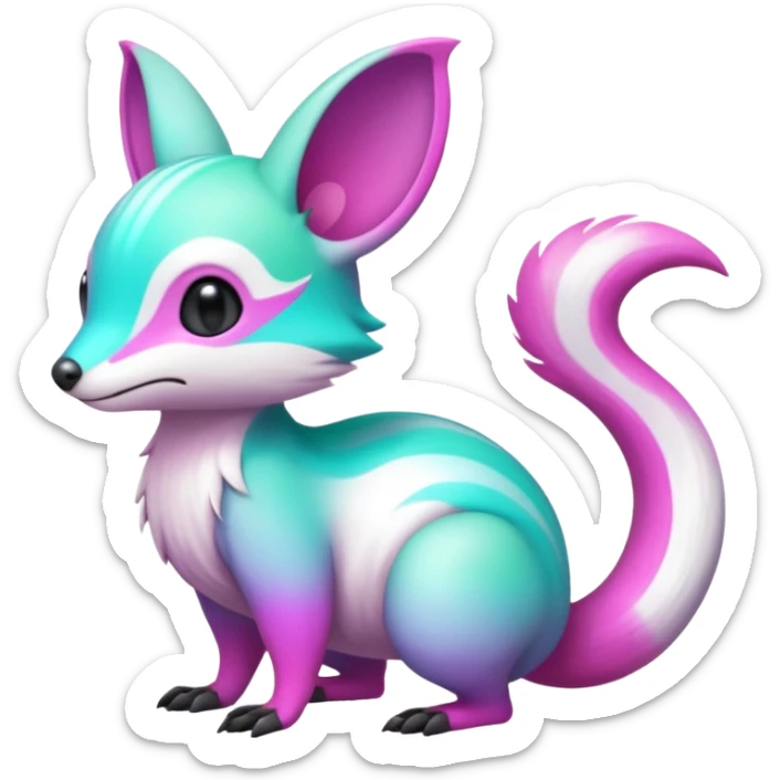 Iridescent Neon Green-Cyan-Magenta-gradients Minccino-Emolga-Numbat-Sergal-fusion-hybrid-animal-creature, full body sticker
