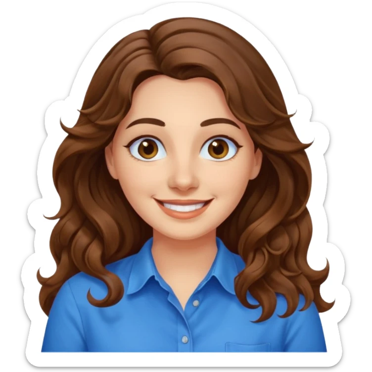 30 yr old italian woman, long brown wavy hair, big brown eyes, huge smile, bright blue shirt, no bangs, a bit chubby sticker
