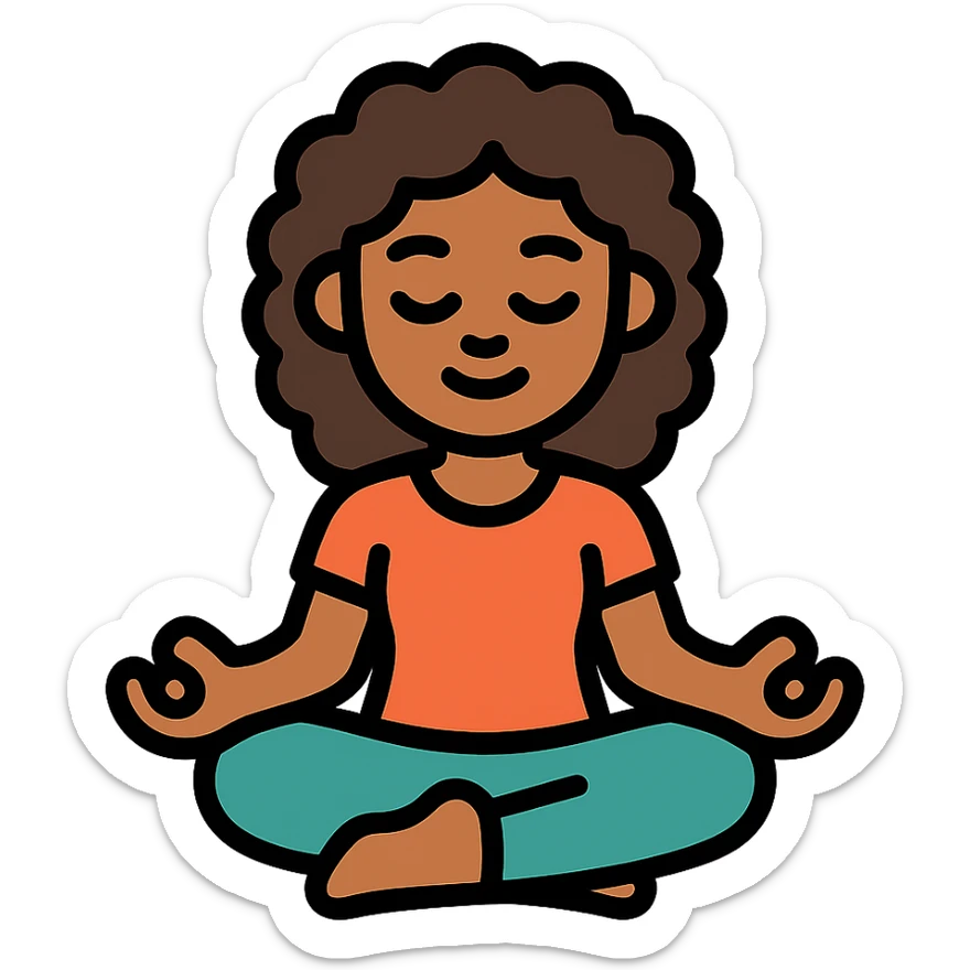 brunette girl with curly hair meditating, sitting cross-legged, colored icon sticker