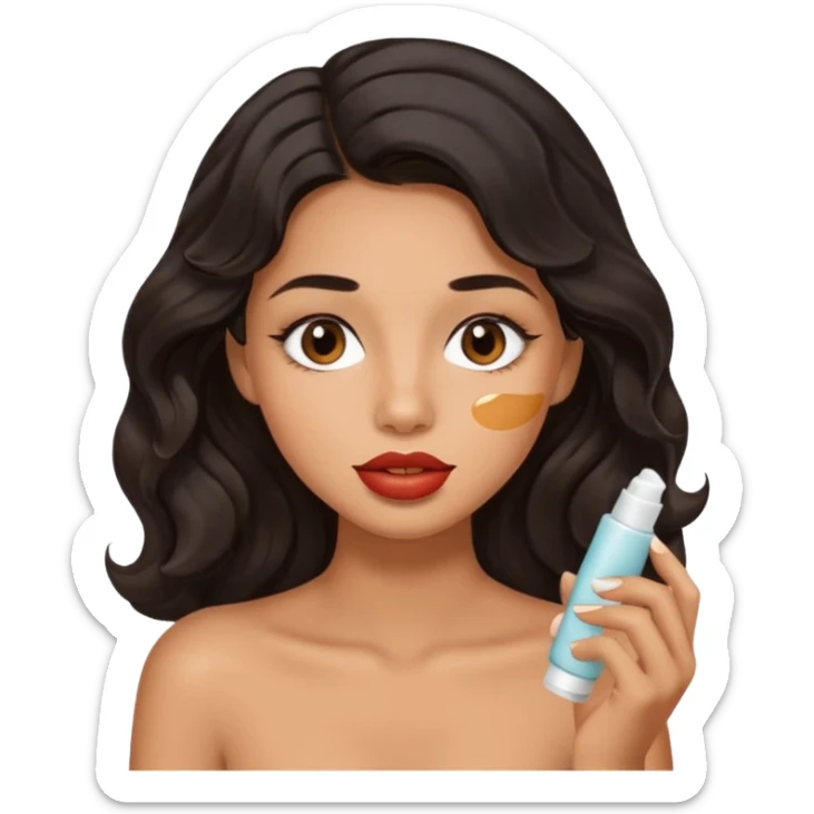 A gorgeous with black wavy hair women applying cute thin lipbalm on her brown lips sticker