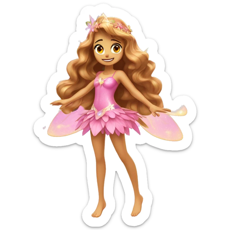 Flora the adult latina fairy of nature in her enchantix fairy pink clothing and fairy enchantix wings and long light brown hair from winx club. Small eyes, Lots of sparkles and fairydust. Full body and full fairy bliss sticker