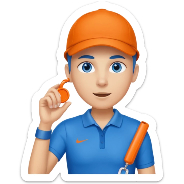 Make a friendly emoji style mascot for Sports Eye. Character will be blue sporty eye with a face, wearing a whistle, symbolizing coach giving guidance. design should be modern, friendly, & energetic, like a sports coach avatar. Primary color #2051E5 small touch of orange. sticker