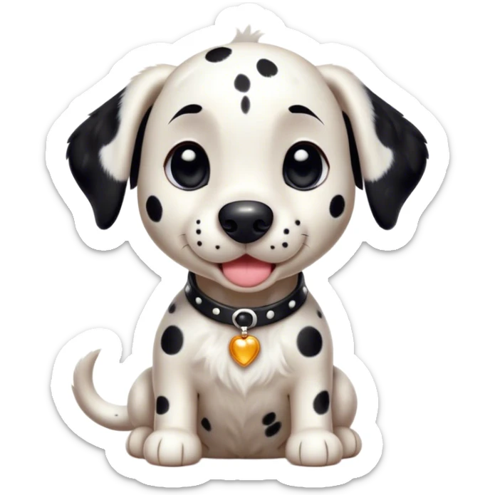 Cinematic Cute Spotted Dalmatian Portrait Emoji, Head tilted playfully and inquisitively, featuring a glossy Fur of predominantly white with dynamic black patches, round, sparkling eyes filled with gentle curiosity, Simplified yet irresistibly adorable features, highly detailed, glowing with a warm, friendly glow, high shine, affectionate and gentle, stylized with a touch of whimsy, bright and endearing, soft glowing outline, capturing the essence of a mischievous yet loving pup, so playful it feels like it could lumber out of the screen and into your arms! sticker