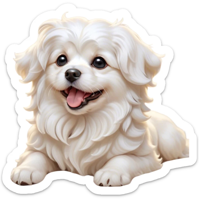 Cinematic Cute Yawning Wavy-Haired Maltese dog Portrait Emoji, Head tilted slightly with a dramatic, wide-open yawn, showcasing a lustrous, wavy-haired white coat with gentle highlights, floppy ears slightly drooping, round dark eyes barely open in drowsy contentment, Simplified yet irresistibly adorable features, highly detailed, glowing with a soft, cozy glow, high shine, relaxed yet expressive, stylized with a touch of whimsy, bright and endearing, soft glowing outline, capturing the essence of a sleepy yet affectionate companion, so drowsy it feels like it could stretch right out of the screen and curl up for a nap! sticker