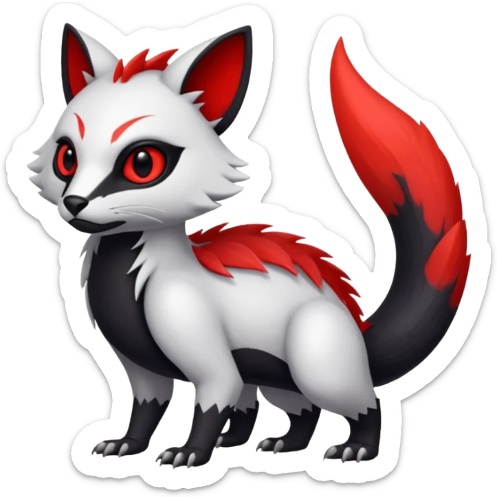 a white exotic edgy vernid-fionbr-Fakémon-creature, with black belly and red eyes, full body sticker