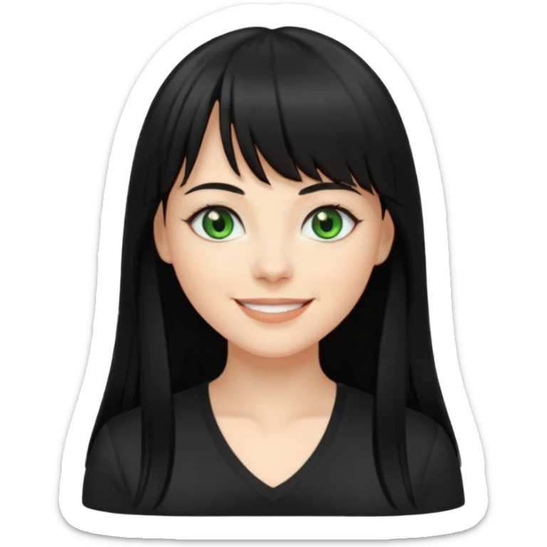 A white woman with Long straight hair with bangs, black hair, green eyes and a black low-cut shirt smiling sticker