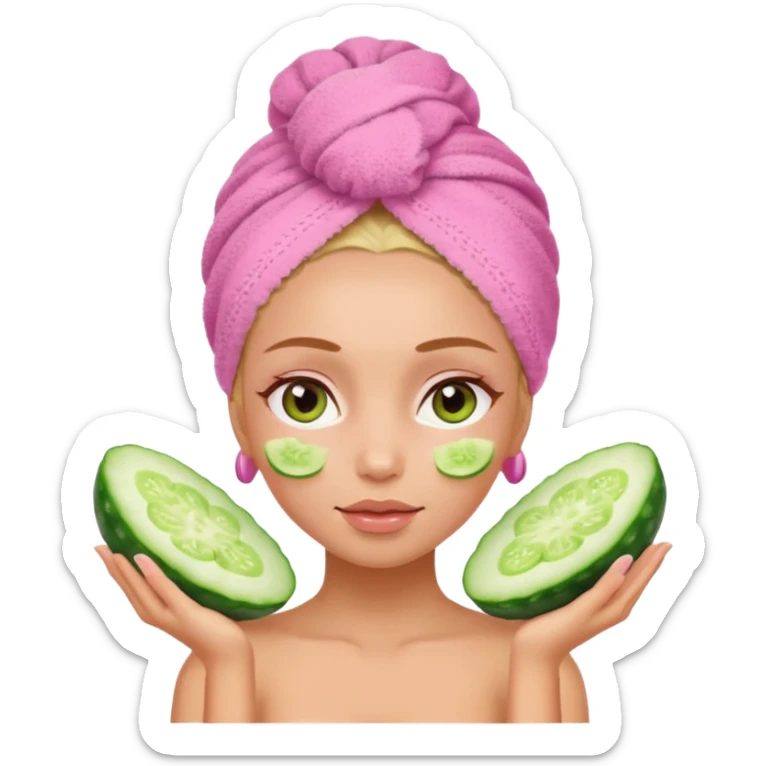 Girl with pink towel in hair cucumber slices on eyes  spa sticker