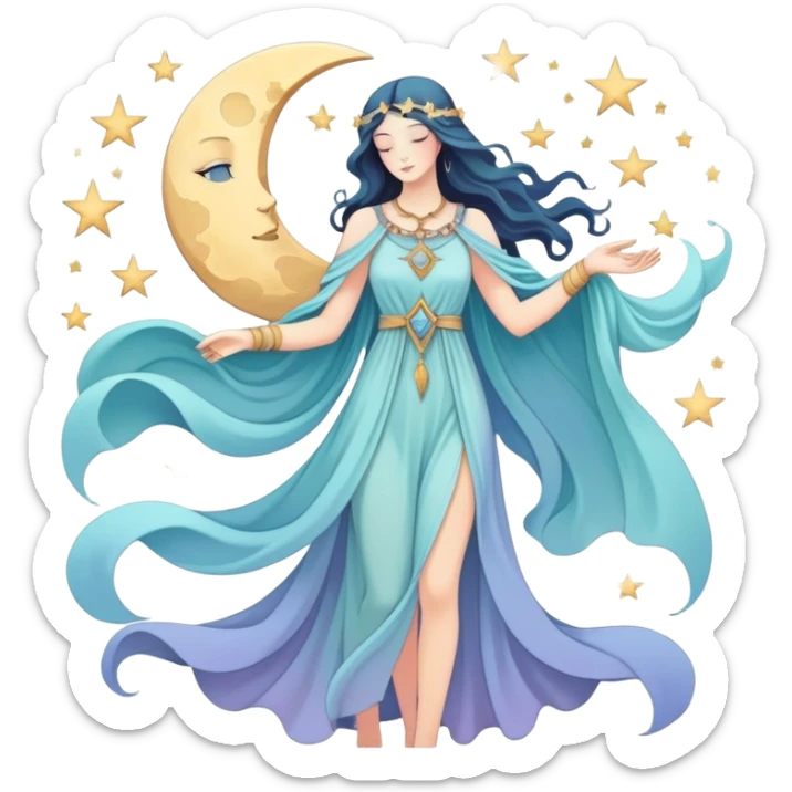 Mystical tarot card with flowing clothing silhouette, ethereal fashion symbol with stars and moon elements sticker