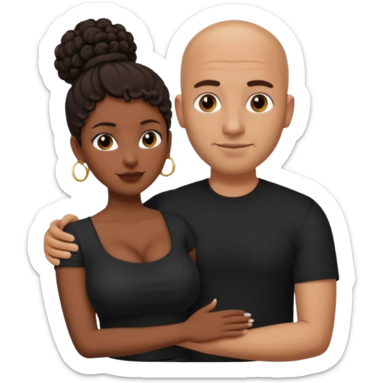 A picture of a tanned couple with the man's arm around her. the man is a Mexican man with tanned skin, a bald hair cut, short beard and wearing a black shirt. the woman is mixed, with curly dark brown hair in a big bun and with big boobs  sticker