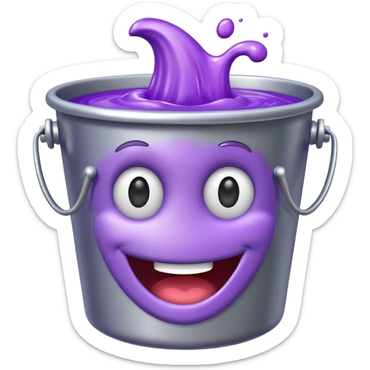 cartoon silver bucket with purple goo with a smiling happy face on the slime only sticker