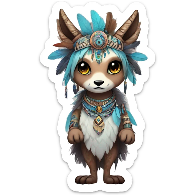 cute Kawaii edgy ethereal shy epic tribal fantasy animal fursona Fionbri creature by griffsnuff & LiLaiRa & Falvie with exotic colors with intricate patterns and feathers and headdress and necklace full body sticker