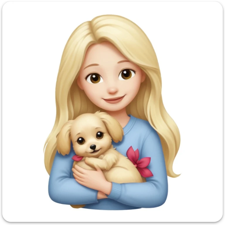 smiling woman with pale skin and long blonde hair hugging a small dog sticker