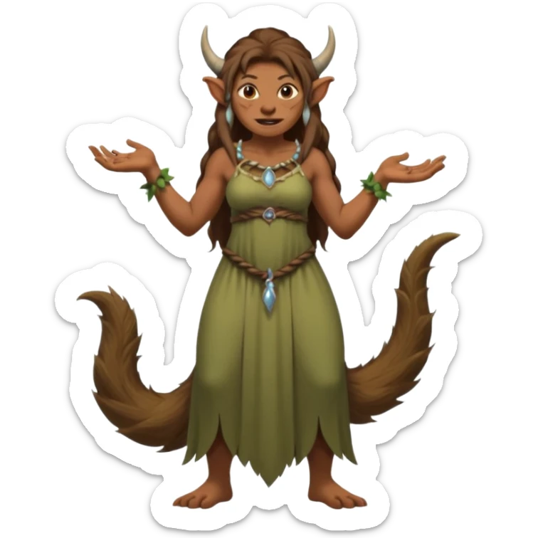 Norwegian forest mountain troll lady, Huldra, brown beautiful hair, pointy ears, long dress, long tufted tail, sharp teeth (full body) sticker